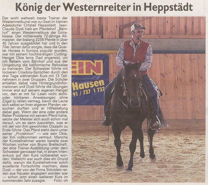 Zeitungsartikel vom 21.07.2007 zum Reitkurs von Jean-Claude Dysli