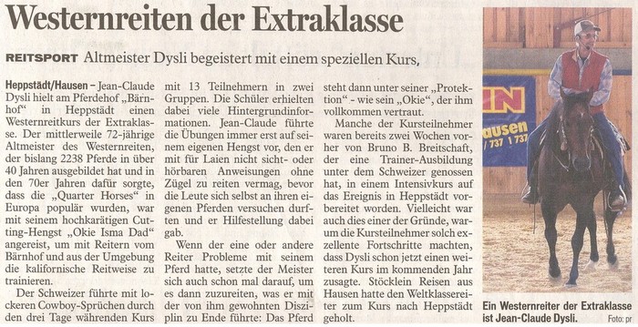 Zeitungsartikel vom 23.07.2007 zum Reitkurs von Jean-Claude Dysli