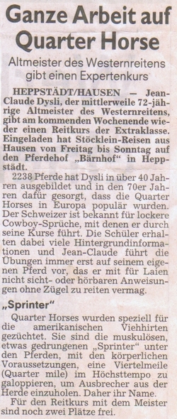 Zeitungsartikel vom 24.07.2008 zum Reitkurs von Jean-Claude Dysli