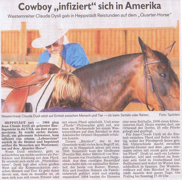 Zeitungsartikel vom 29.07.2008 zum Reitkurs von Jean-Claude Dysli