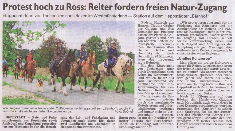 Zeitungsartikel vom 13.05.2013 zum VFD-Stafettenritt bezglich der Rekener Charta